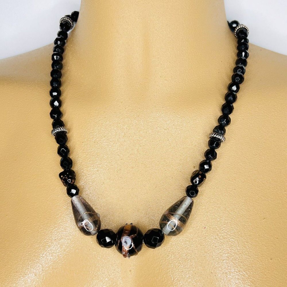 Vintage Art Glass Necklace Chunky Smokey Copper Black Beads Silver Tone Bib 4715